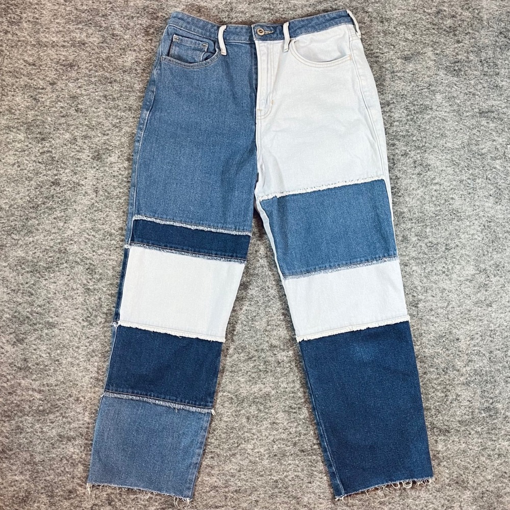 Hollister Patchwork Jeans Womens 9R Blue Ultra High Rise Straight 29x27 Y2K Boho - Picture 2 of 12